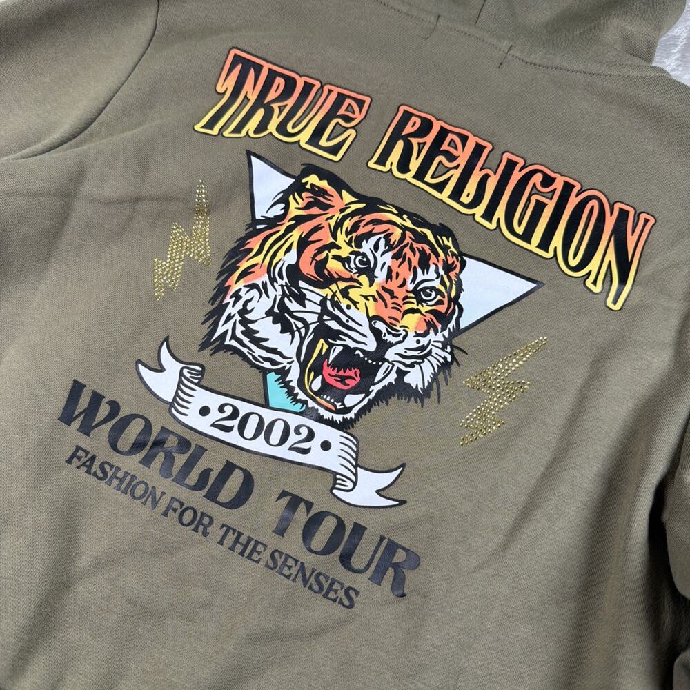 NWT $124 True Religion Tiger Shrunken Zip Hoodie Size L Kalamata Olive Green
